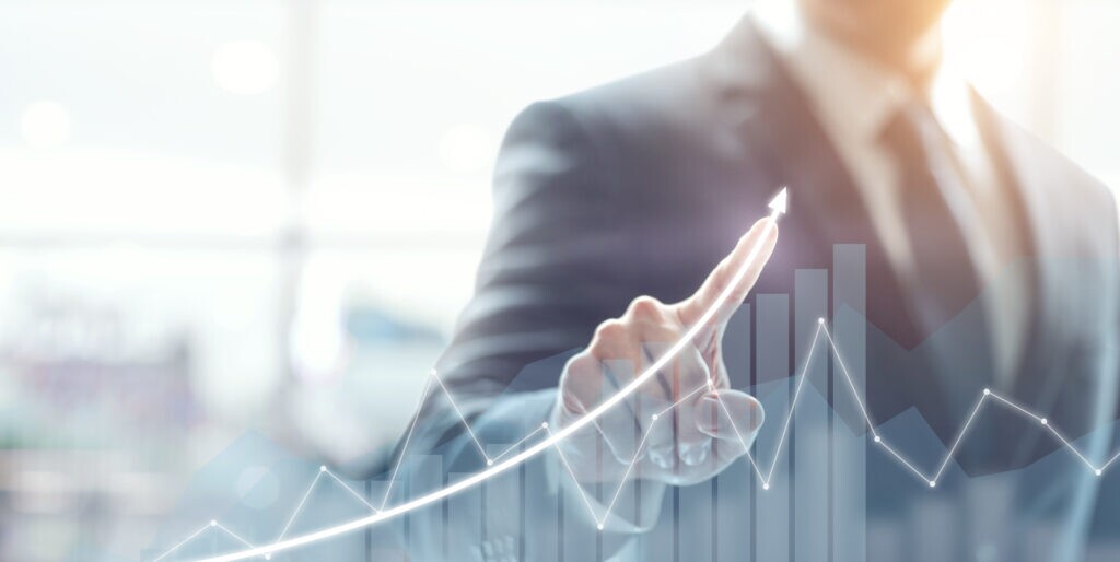 Development and growth concept. Businessman plan growth and increase of positive indicators in his business