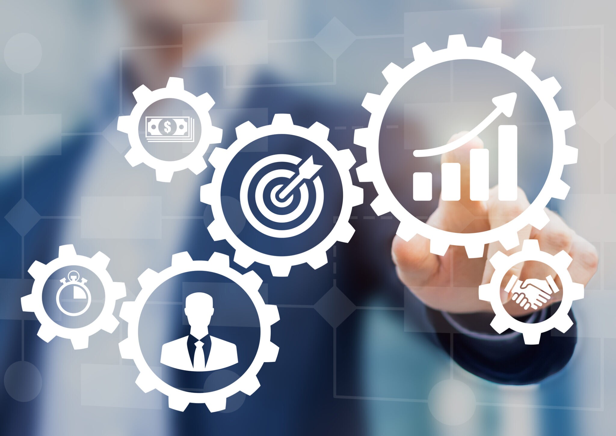 Business process management and workflow automation flowchart, gears, icons, manager