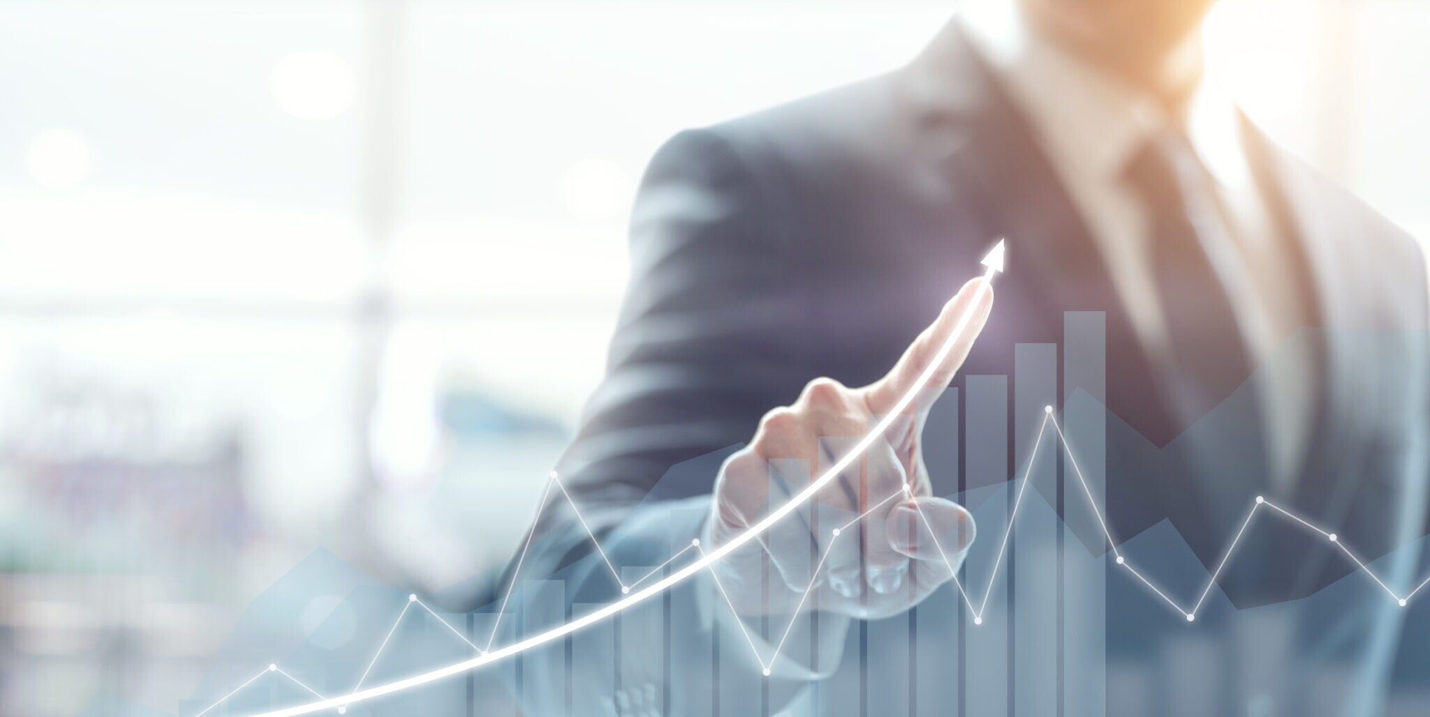 Development and growth concept. Businessman plan growth and increase of positive indicators in his business